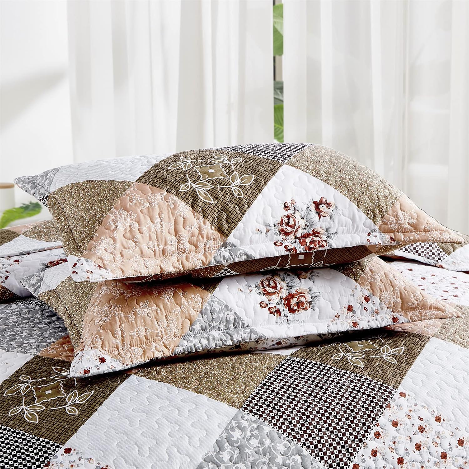 Gleaming rust brown colo patchwork 3 Pc Bedspread & Pillow Cover Set