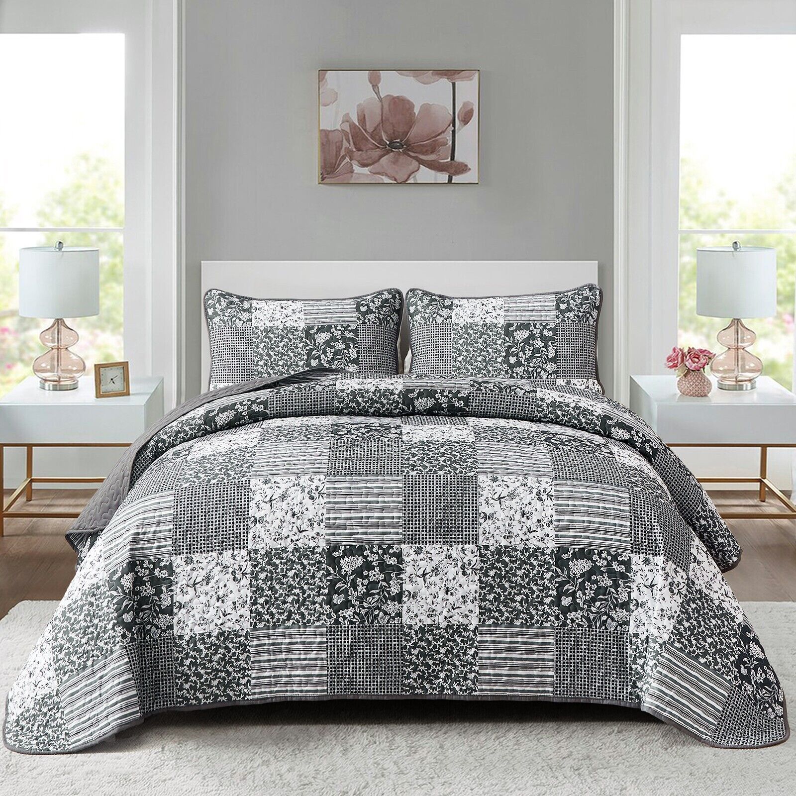 Lush Blush patch Floral 3 Pc Bedspread & Pillow Cover Set