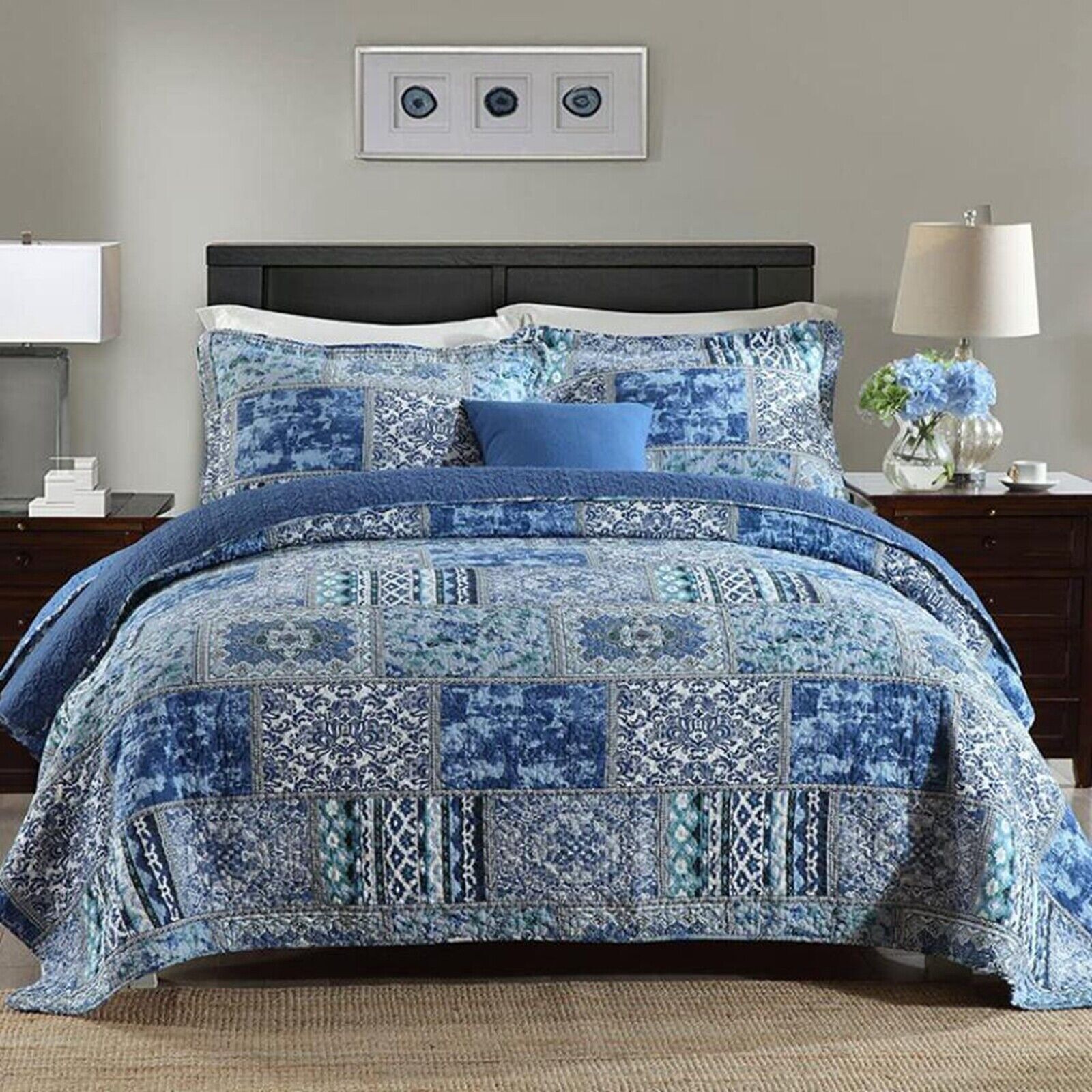 Elegant patchwork Quilted blue 3 Pc Bedspread & Pillow Cover Set