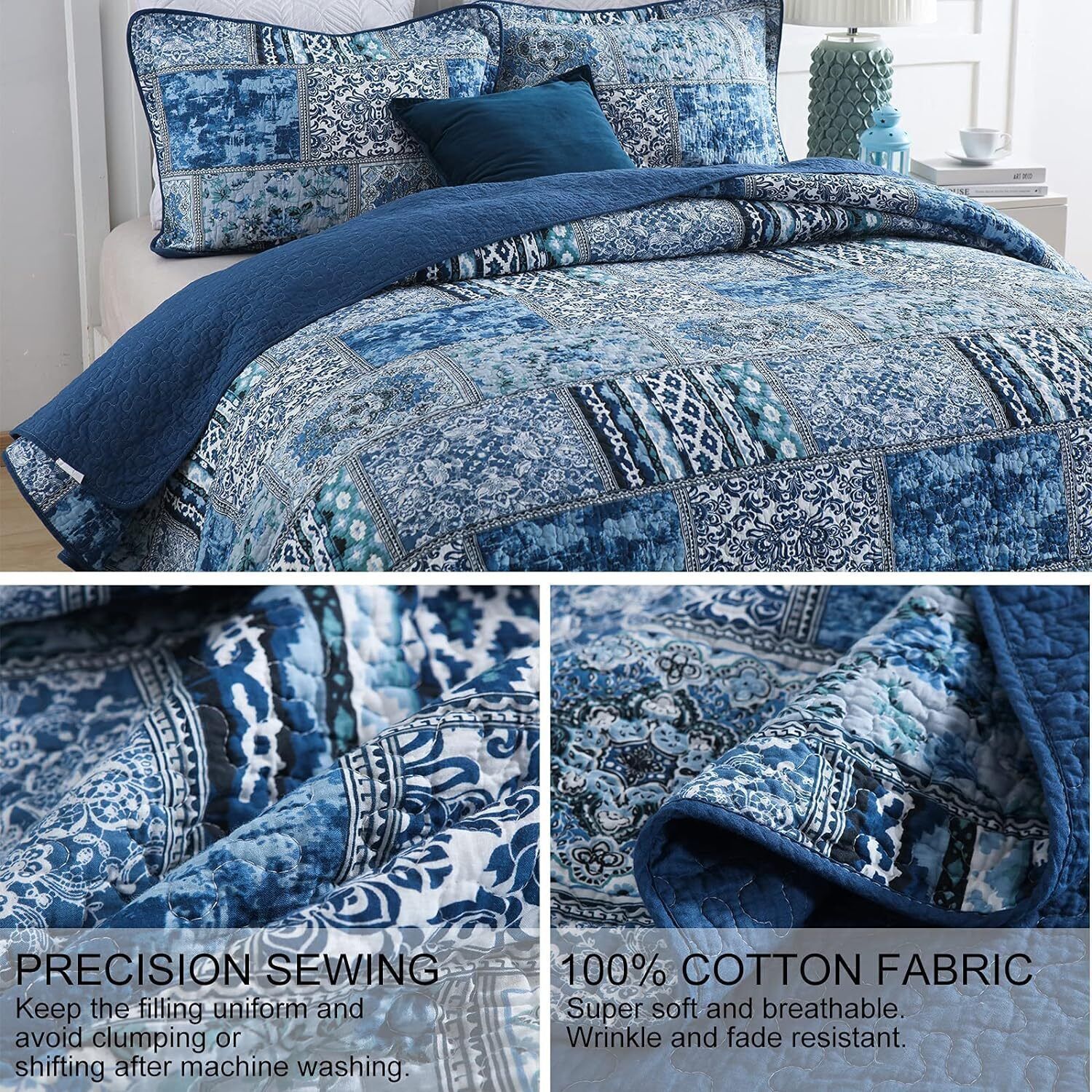 Elegant patchwork Quilted blue 3 Pc Bedspread & Pillow Cover Set