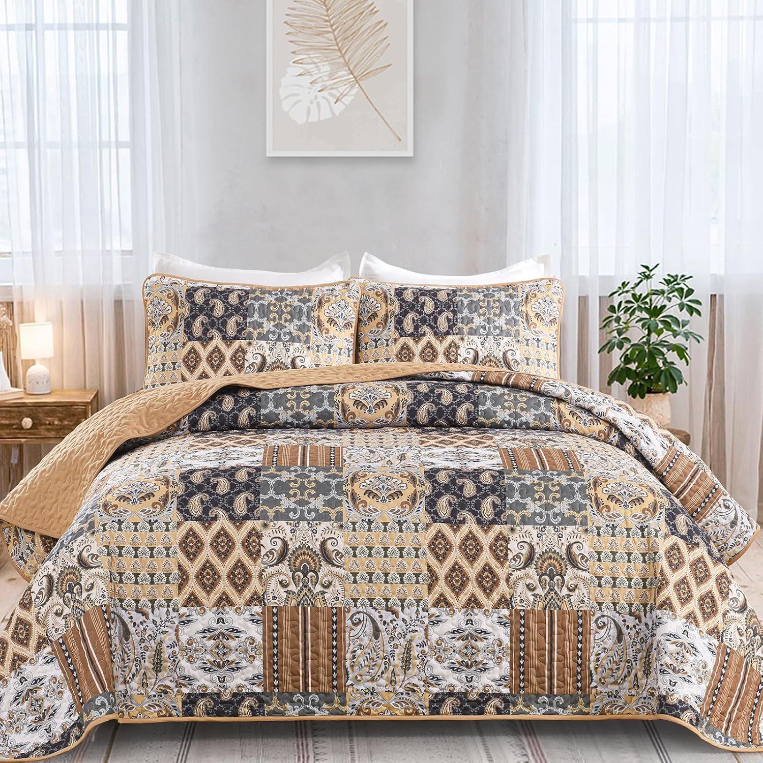 Enchanting Lace boho green Quilted 3 Pc Bedspread & Pillow Cover Set