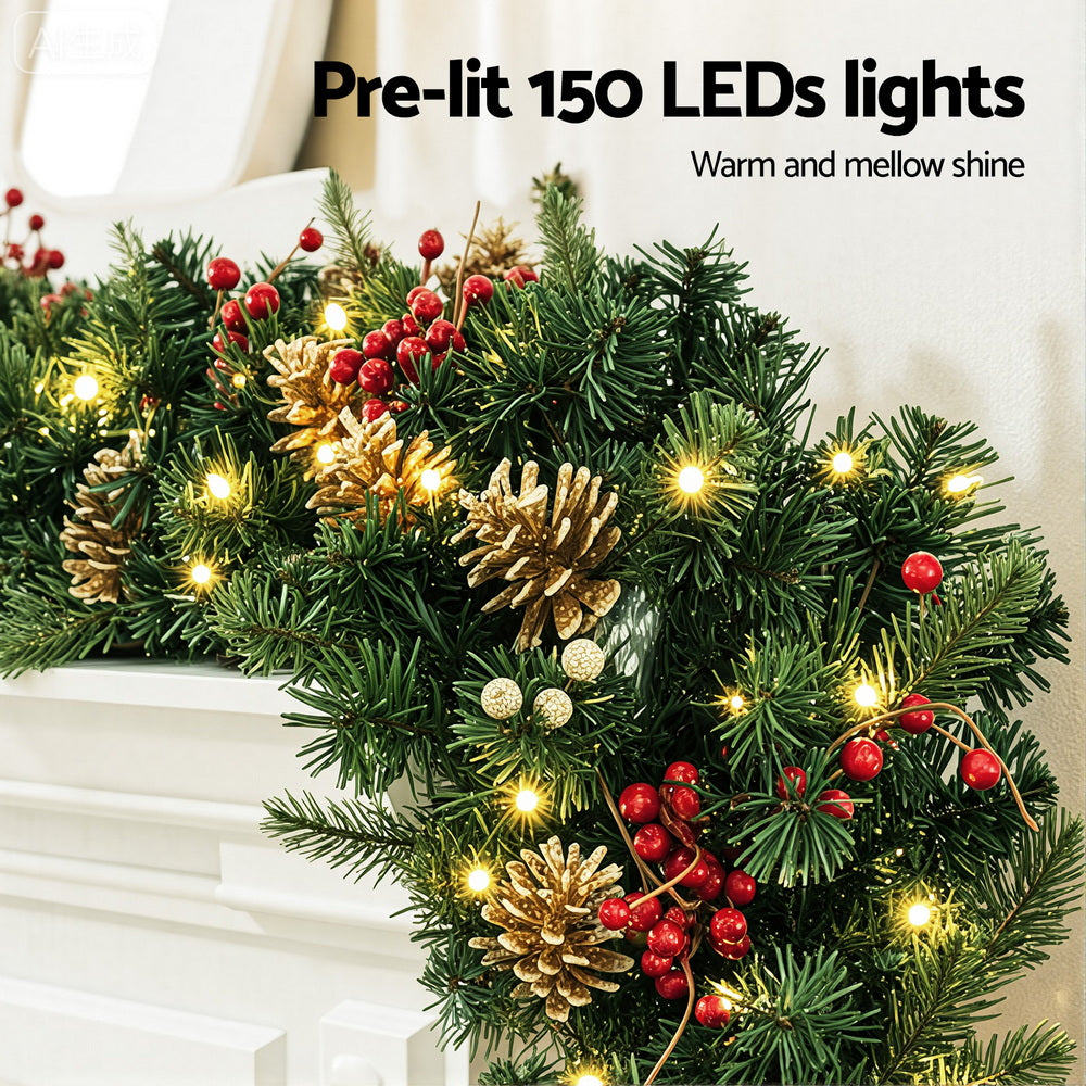 Jingle Jollys 1.8M Christmas Garland Pre-lit LED Pine Cones Berries Xmas Decor